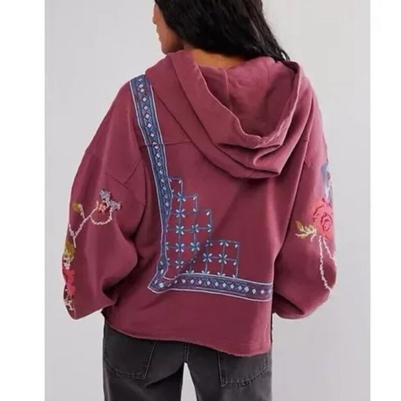 Free People Sweet Treat Embroidered Pullover Hoodie Sweatshirt in Burgundy Combo - Picture 2 of 8